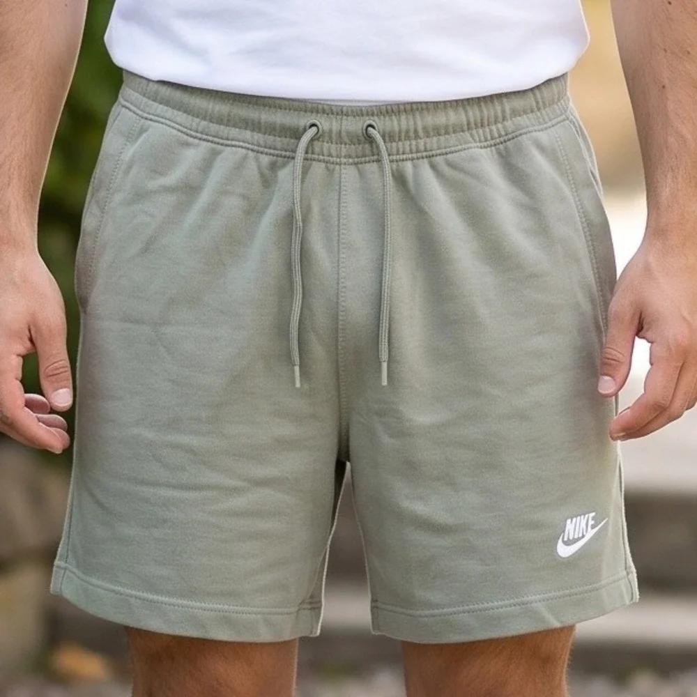 Nike Sportswear Mens Jersey Shorts Olive Green Sage Embroidered Logo BV2772-386